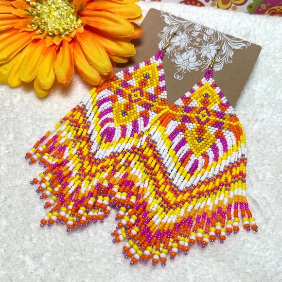 Hand Beaded Long Fringe Earrings Huge Southwest Tribal Ethnic Native Indian NWT - Picture 1 of 6